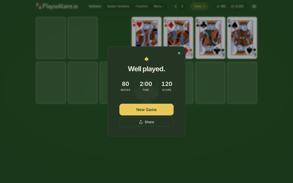 The win screen on this site: a "Well played." card showing moves, time, and score, while the Win98-style card cascade bounces across the felt behind it.